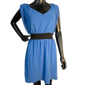 Alya Blue Sleeveless Dress Women’s Medium Black Waist Tie V-Neck